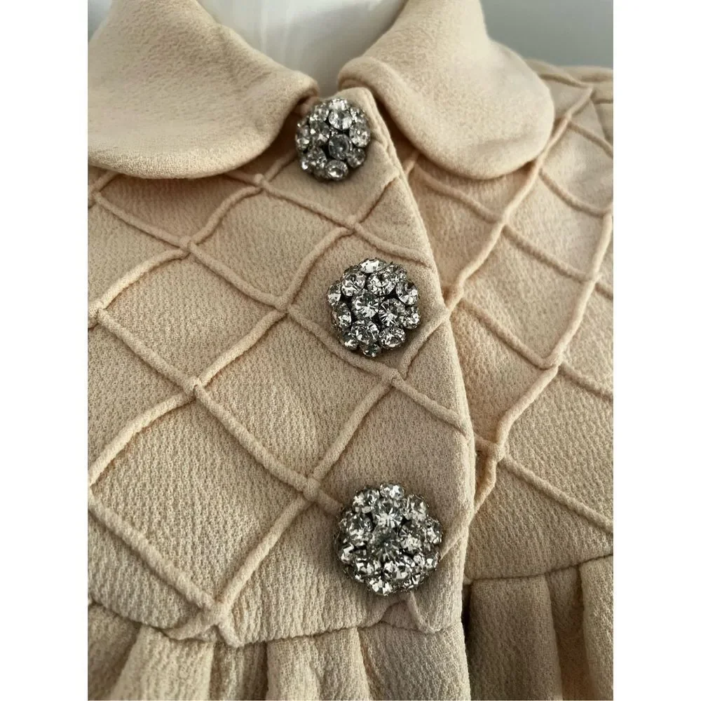 Black Baby Doll Bib Long Coat Sz XS 100% Wool Mushroom Bejeweled Buttons - Picture 5 of 11